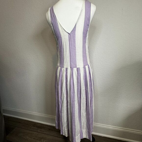 URBAN OUTFITTERS | Small Striped Midi Dress Purple Linen Button Front Pockets - Picture 3 of 9